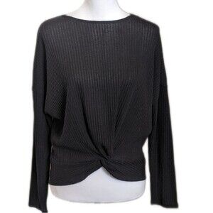 Hyfve ribbed lightweight sweater with twist knot front hem, black, L